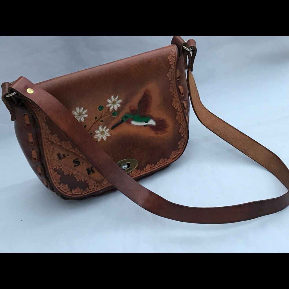 Stine handmade tooled painted flap turn lock brown leather shoulder bag purse